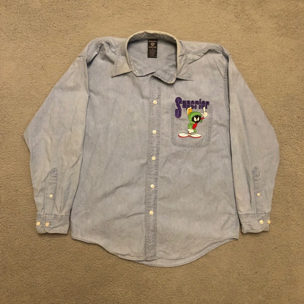 Vtg 90s Marvin the Martian Warner Bros Studio Store Denim Button Down L Pocket T